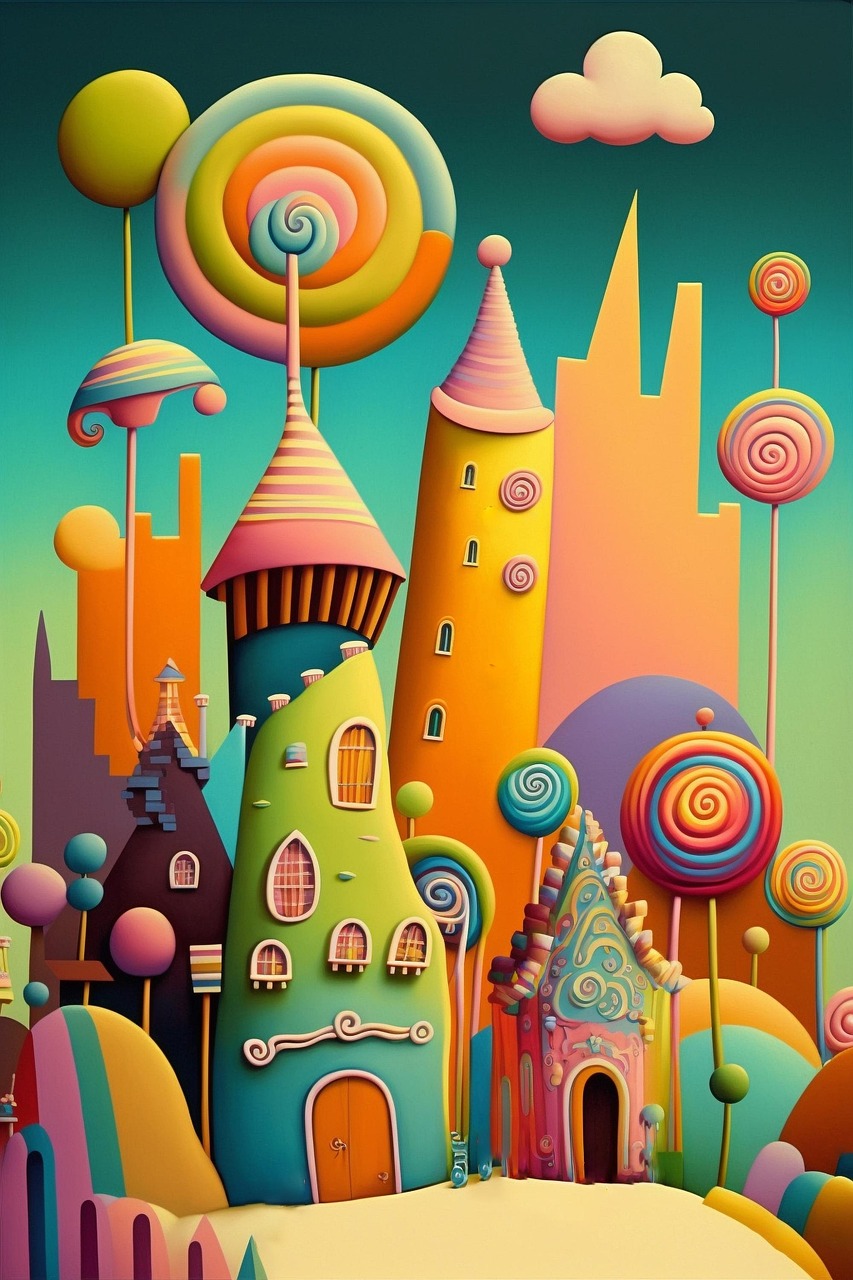 building, tower, sweets, city, lollipop, town square, dessert, cute, kids, fantasy, childrens book, magic, dreamy, lollipop, lollipop, lollipop, lollipop, lollipop, fantasy, fantasy