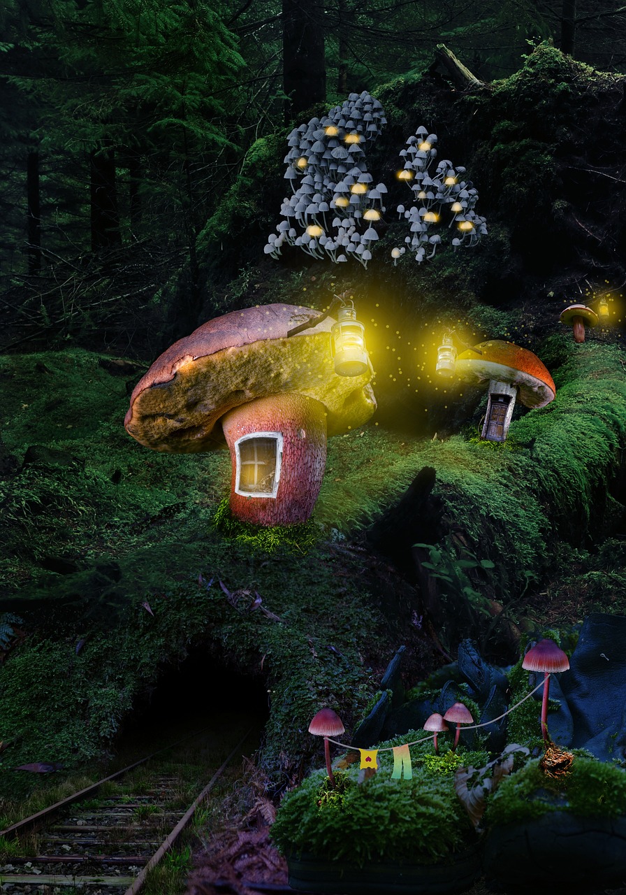 forest, village, inhabited, mushrooms, night, illuminated, lights, railroad track, fairy tale, fantasy, nature, composing