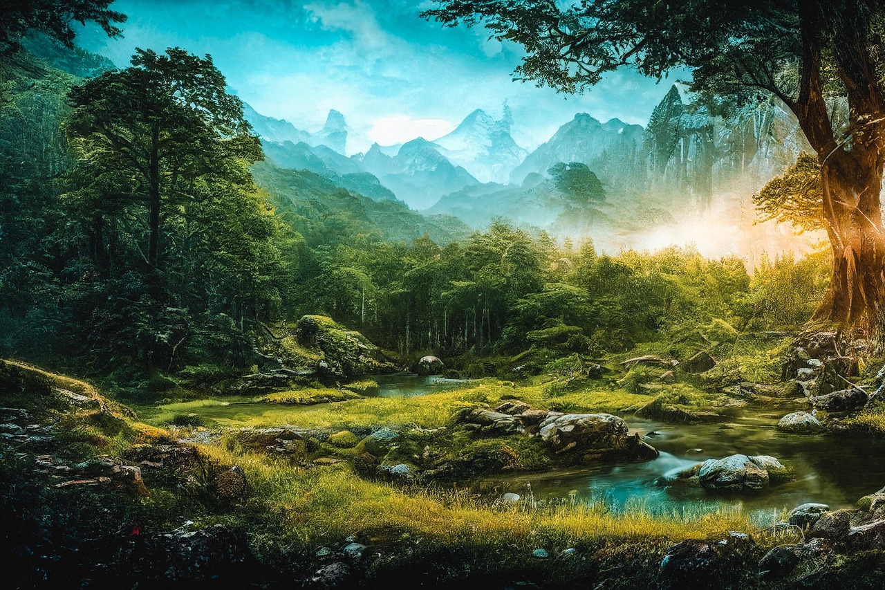 trees, forest, lake, nature, fantasy, water, fairy tale, ai generated